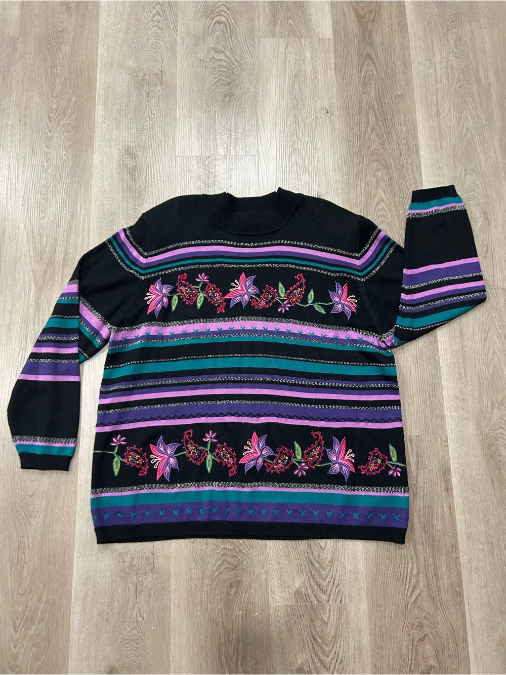 Vintage Tunnel Neck Black Floral Stripe Knit Sweater